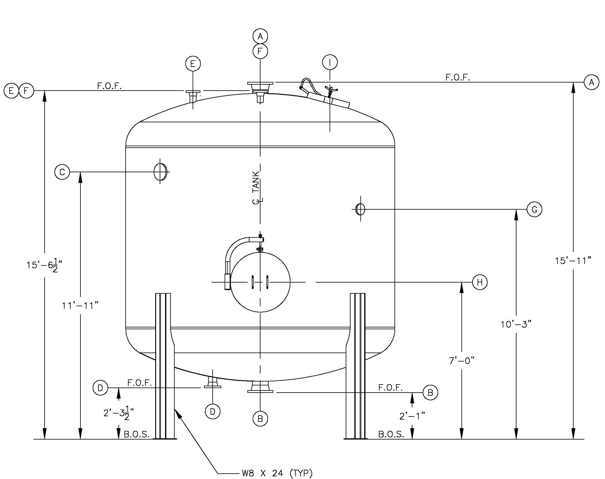 A black-and-white engineering drawing, complete with dimensions, showing a custom solution by Crest Water Solutions to remove impurities from a cooling tower's feed water and other industrial wasterwater treatment applications.
